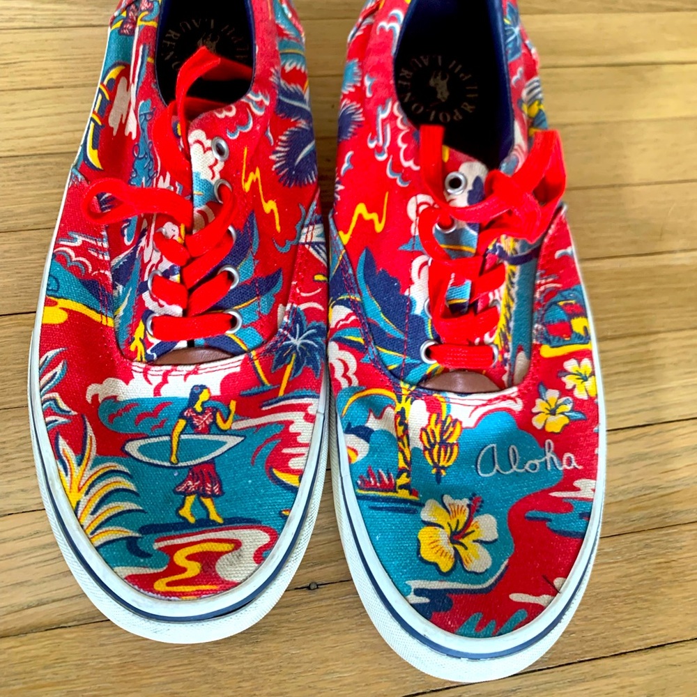 Ralph Lauren THORNTON III Hawaii Aloha Tropical Red Canvas Leather Shoes Mens 10